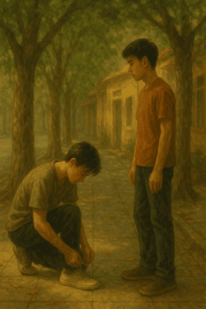 Hai người trẻ đi bộ trong phố, một người cúi buộc giày, người kia chờ trong lặng lẽ – biểu hiện của minh triết ứng xử Việt không lời.