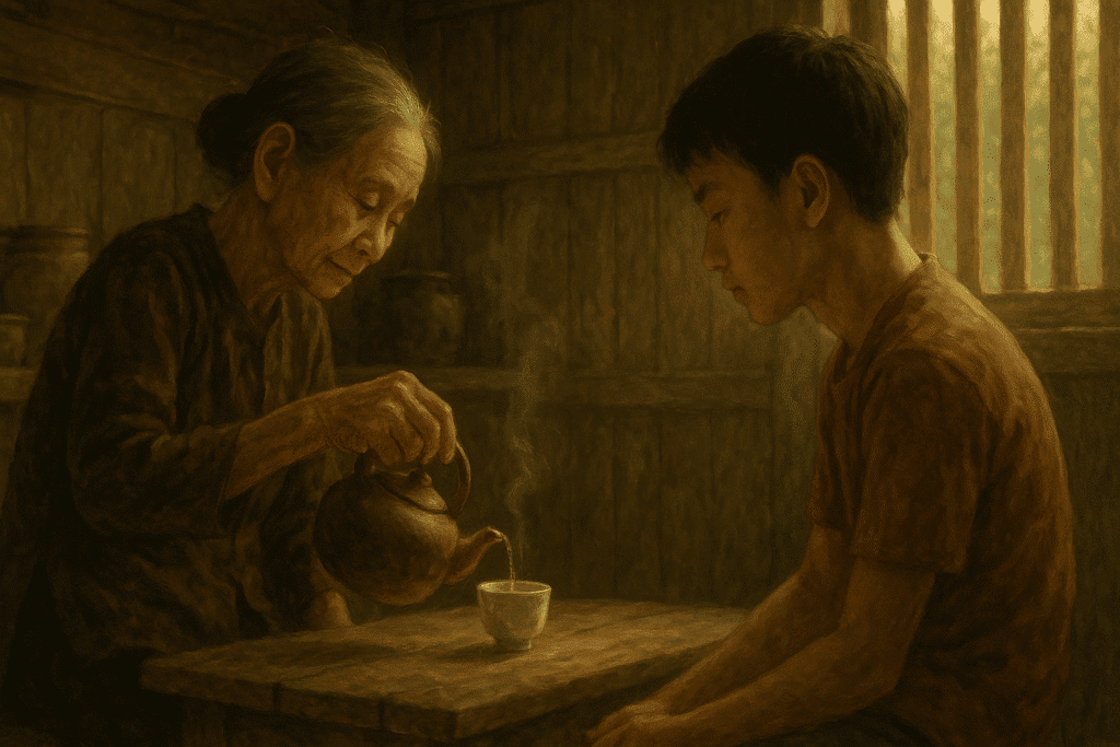 Bà cụ rót trà cho cháu trong gian bếp cũ, ánh sáng ấm lan toả – biểu hiện sâu sắc của minh triết sống thầm lặng trong gia đình Việt.
