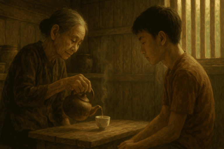 Bà cụ rót trà cho cháu trong gian bếp cũ, ánh sáng ấm lan toả – biểu hiện sâu sắc của minh triết sống thầm lặng trong gia đình Việt.
