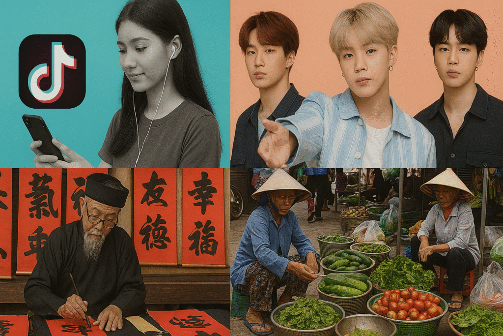 Collage hình ảnh TikTok, thần tượng K-pop, ông đồ viết thư pháp và chợ quê Việt Nam – thể hiện sự giao thoa giữa bản sắc truyền thống và biến đổi hiện đại.