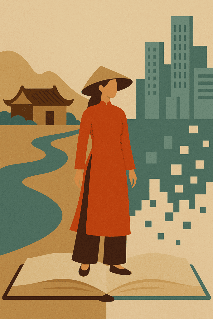 Người phụ nữ mặc áo dài đỏ đội nón lá đứng giữa ba bối cảnh: làng quê, đô thị hiện đại và không gian số, thể hiện sự biến đổi bản sắc Việt dưới tác động của đô thị hóa, di dân và công nghệ.