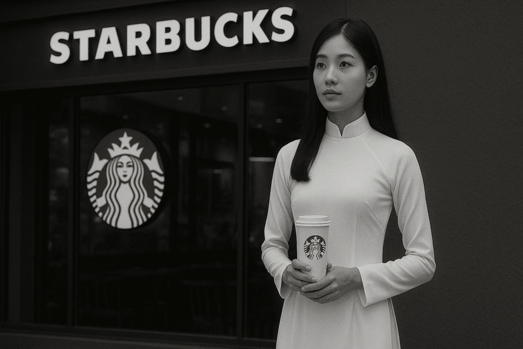 Người phụ nữ Việt mặc áo dài trắng đứng trước cửa hàng Starbucks – biểu tượng cho sự giao thoa giữa bản sắc truyền thống và biến đổi hiện đại.