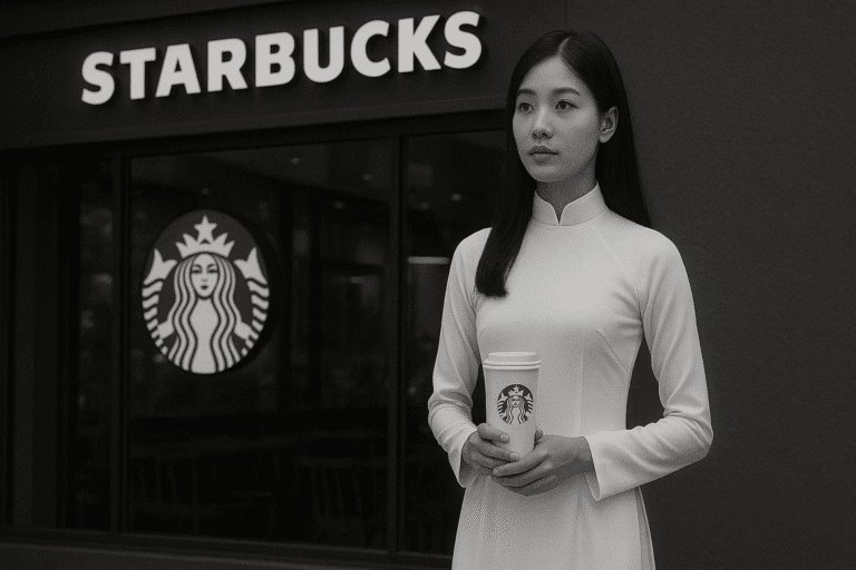 Người phụ nữ Việt mặc áo dài trắng đứng trước cửa hàng Starbucks – biểu tượng cho sự giao thoa giữa bản sắc truyền thống và biến đổi hiện đại.