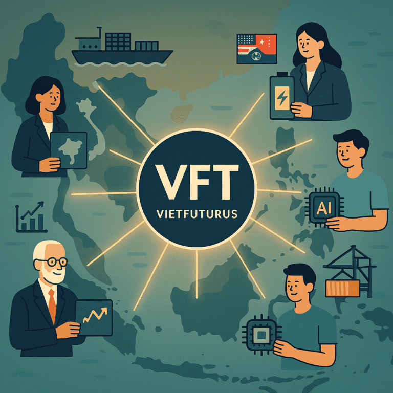 Logo VFT VietFuturus kết nối bản đồ Đông Nam Á, chuỗi cung ứng, AI, năng lượng, kinh tế và cộng đồng chuyên gia.