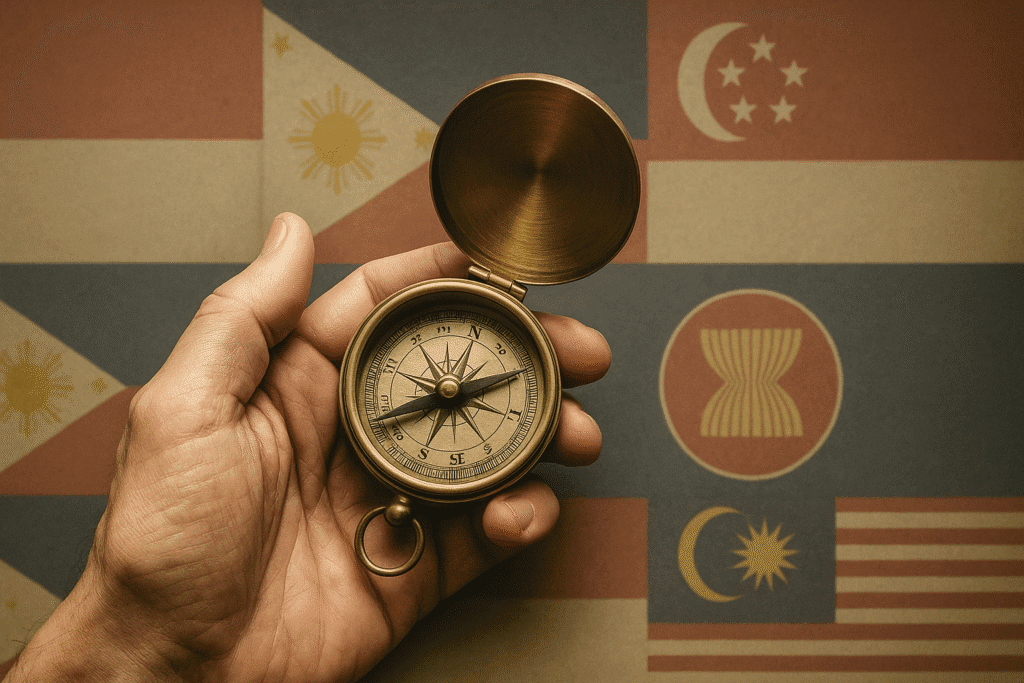 Bàn tay cầm la bàn hướng về các quốc kỳ Đông Nam Á và biểu tượng ASEAN, tượng trưng cho định hướng chiến lược khu vực