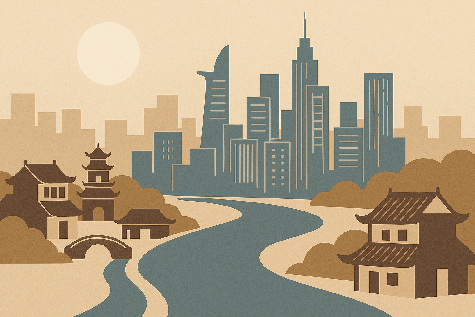 Góc nhìn văn hóa thể hiện qua Dòng sông văn hóa chảy giữa phố thị hiện đại và kiến trúc truyền thống Việt Nam, minh họa sự giao thoa giữa bản sắc và toàn cầu hóa.