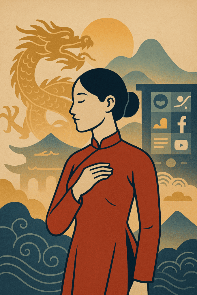 Người phụ nữ mặc áo dài đỏ đặt tay lên ngực, phía sau là rồng vàng, non nước, biểu tượng mạng xã hội và mái đình – thể hiện ký ức tập thể và huyền thoại dân tộc đang định hình nhận thức văn hóa và tưởng tượng tương lai.