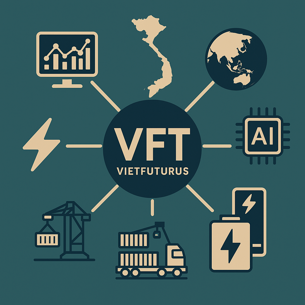 Logo VFT VietFuturus kết nối dữ liệu, bản đồ Việt Nam, AI, năng lượng, chuỗi cung ứng và kinh tế địa chính trị.