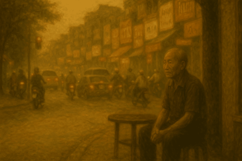 Ông lão Việt ngồi lặng bên phố xá ồn ào, ánh đèn xe và biển hiệu vây quanh – hình ảnh đối lập giữa người từng sống trong đạo và thế giới hiện đại mất kết nối.