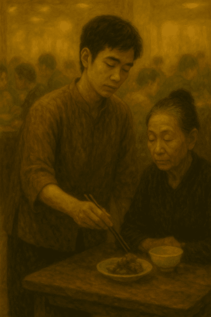 Người trẻ gắp thức ăn cho bà cụ trong quán đông, cử chỉ nhỏ giữa không gian ồn ào – biểu tượng cho việc giữ Đạo qua hành vi thường nhật.