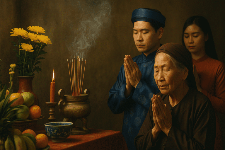 Ba thế hệ cùng thắp nhang trước bàn thờ tổ tiên trong nghi lễ truyền thống Việt Nam – thể hiện sự kết nối và kính ngưỡng điều thiêng. Nghi lễ và tầng sâu văn hóa trong một khung hình