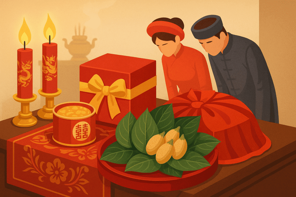 Tầng biểu tượng trong nghi lễ truyền thống Việt Nam: lễ vật cưới với trầu cau, nến long phụng, khăn đỏ, cô dâu chú rể cúi lạy bàn thờ tổ.