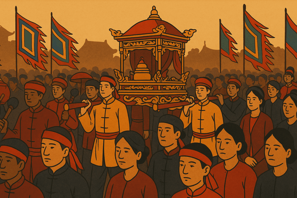 Tầng vô thức cộng đồng trong nghi lễ truyền thống Việt Nam: đoàn người rước kiệu trong lễ hội làng, cờ ngũ sắc và nét mặt trang nghiêm.