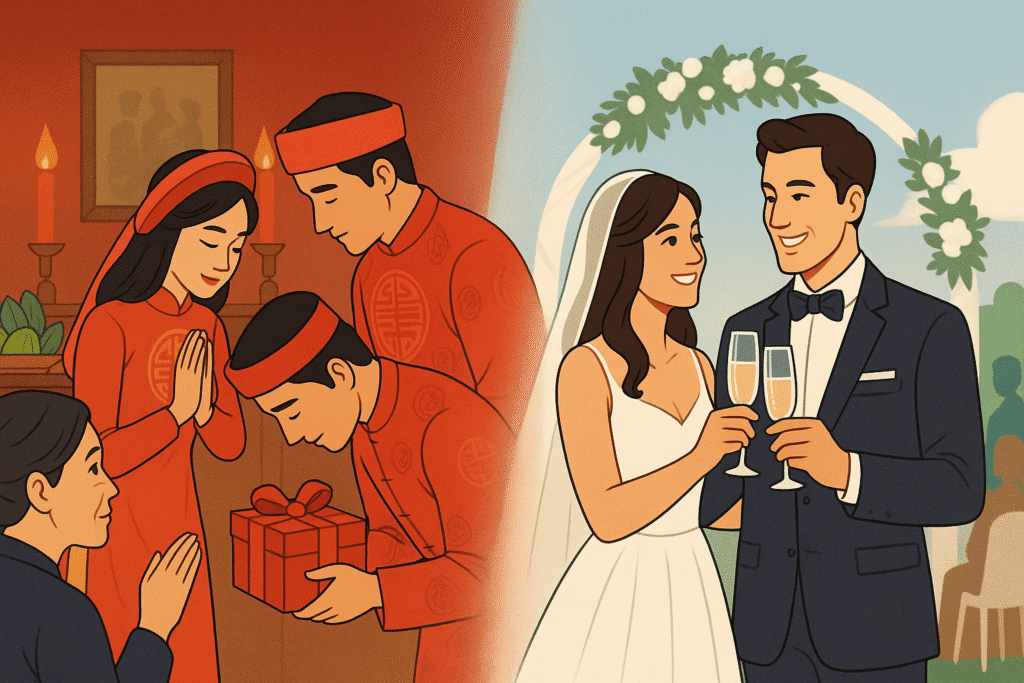 So sánh nghi lễ cưới truyền thống và hiện đại trong văn hóa Việt Nam: một bên là lễ gia tiên, một bên là lễ cưới phương Tây.