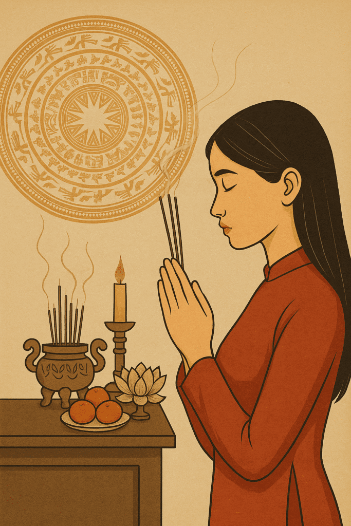 Nghi Lễ và Tầng Sâu – Hơi Thở Âm Thầm Của Văn Hóa Việt Người phụ nữ Việt trong tà áo dài đỏ, tay chắp nhang trước bàn thờ với bát hương, đĩa quả, hoa sen và nến – phía sau là mặt trống đồng, thể hiện chiều sâu nghi lễ và kết nối với tầng linh thiêng của văn hóa Việt.