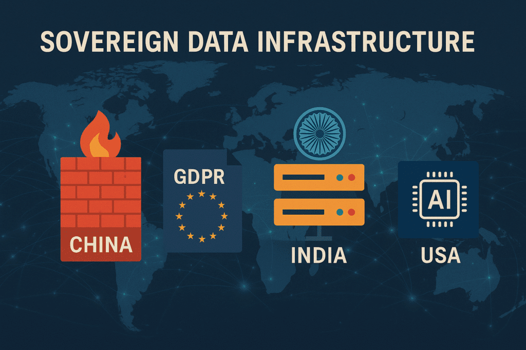Sovereign data infrastructure tại Trung Quốc, EU, Ấn Độ và Mỹ với biểu tượng firewall, GDPR, máy chủ nội địa và chip AI