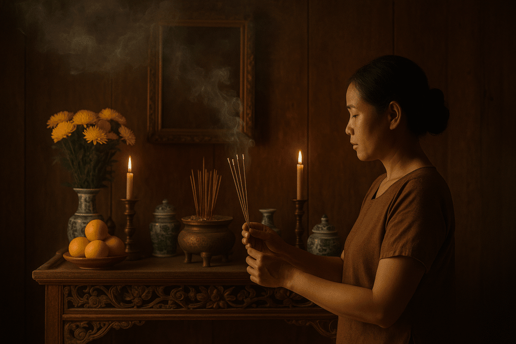 Tâm linh Việt – Người phụ nữ thắp nhang trước bàn thờ tổ tiên trong không gian truyền thống