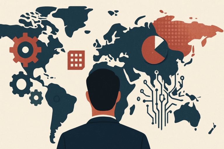 Người đàn ông với tư duy chiến lược đang đứng giữa bản đồ thế giới trừu tượng, quan sát các kết nối hệ thống từ trên cao.