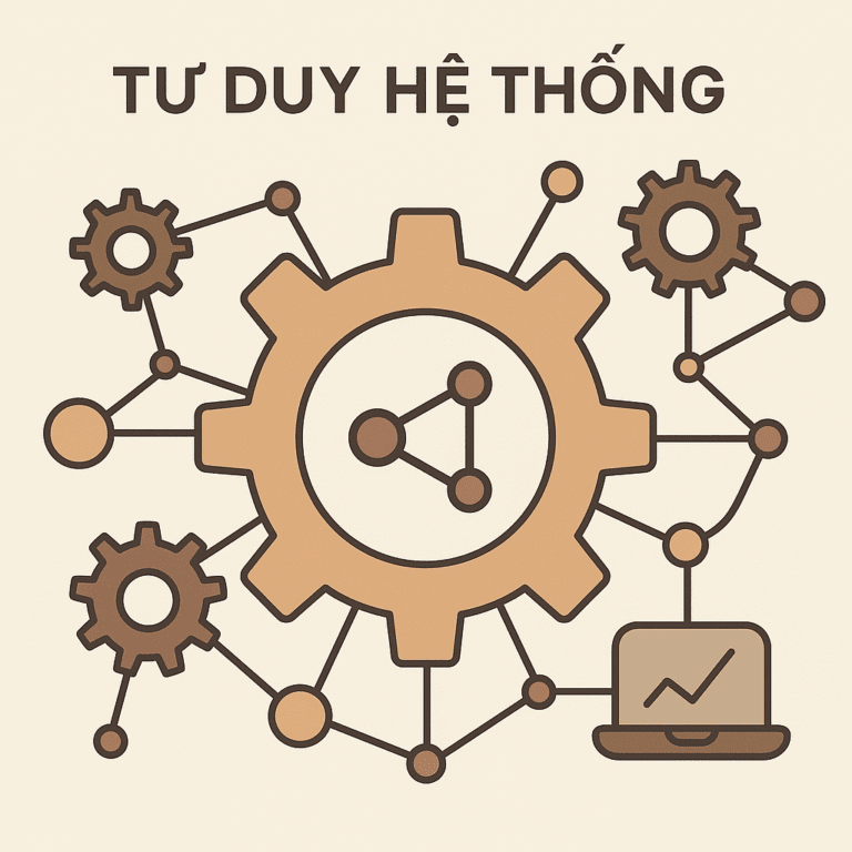 Illustration Tư duy hệ thống với bánh răng trung tâm và các nút kết nối mạng