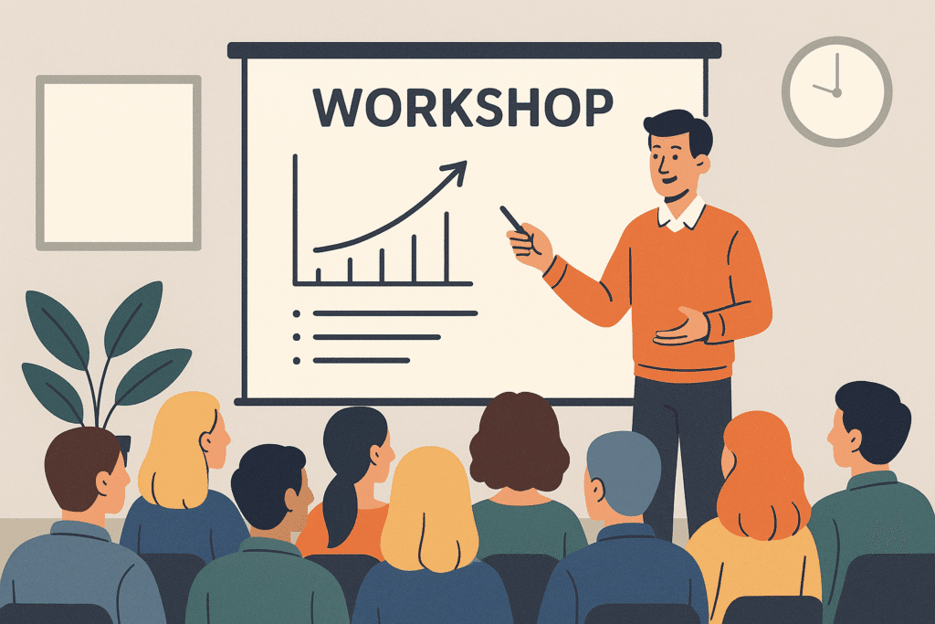 Workshop đào tạo tư duy hệ thống với giảng viên trình bày biểu đồ và học viên ngồi nghe