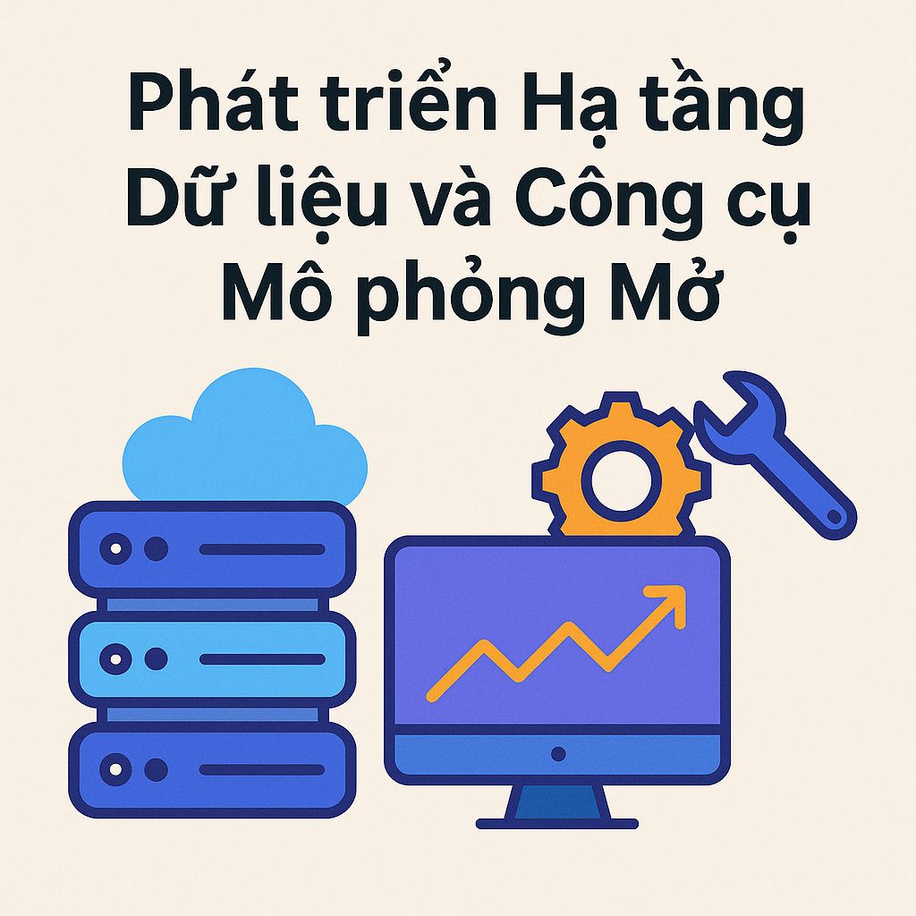 Phát triển hạ tầng dữ liệu mở và công cụ mô phỏng mở với biểu tượng máy chủ, đám mây, màn hình mô phỏng và bánh răng