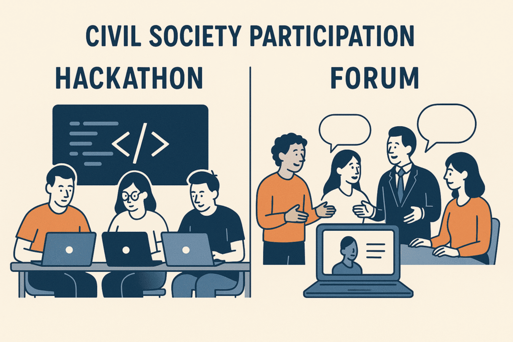 Minh họa Cộng đồng dân sự với Hackathon (người lập trình) và Forum (thảo luận nhóm)