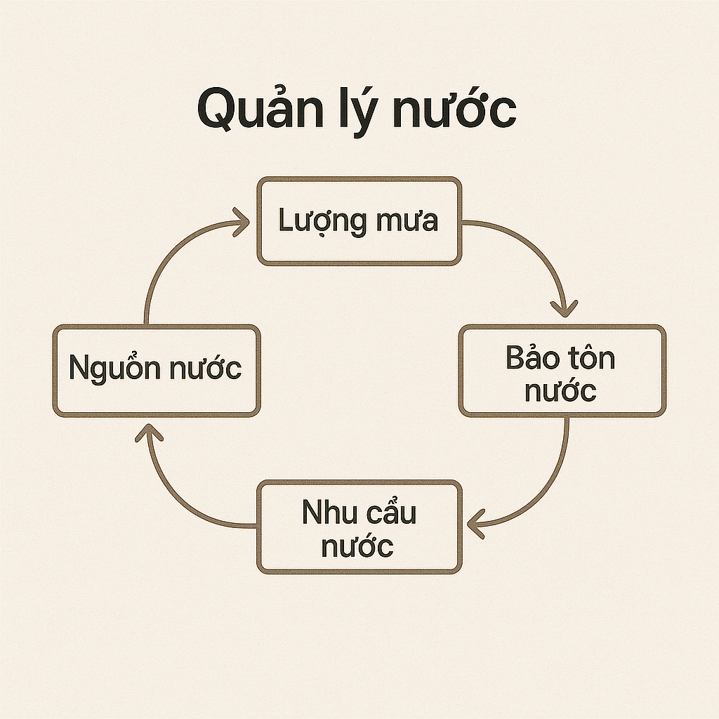 Sơ đồ hệ thống quản lý nước đô thị với stock nguồn nước và flow lũy tích lượng mưa – cấp phát – tái sử dụng