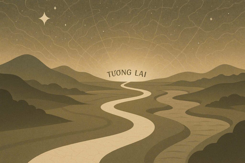 Minh hoạ con đường khúc khuỷu dẫn đến chân trời mang tên “Tương Lai” giữa dãy núi và bầu trời sao, gợi hình ảnh hành trình tư duy và ký ức.