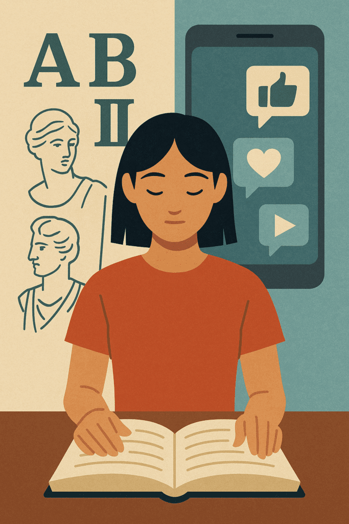 Thiếu nữ Việt ngồi đọc sách, phía sau là biểu tượng cổ điển giáo dục và màn hình mạng xã hội, thể hiện sự phân tách giữa mô hình giáo dục truyền thống và tác động của truyền thông hiện đại đến nhận thức văn hóa.