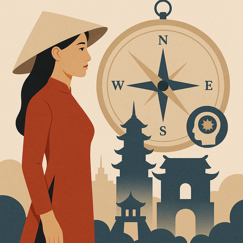 Văn Hóa và Chiến Lược – La Bàn Phát Triển Dài Hạn Người phụ nữ Việt mặc áo dài và nón lá đứng cạnh la bàn lớn, phía sau là biểu tượng chùa tháp và bản đồ đầu người, thể hiện vai trò của văn hóa trong hoạch định chính sách và ảnh hưởng mềm quốc gia.