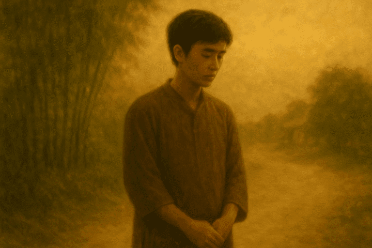 Người trẻ Việt Nam đứng lặng bên đường quê trong ánh sáng hoàng hôn, đôi tay chắp nhẹ, gợi lên khí chất của Việt Đạo – đạo sống sâu không lời.