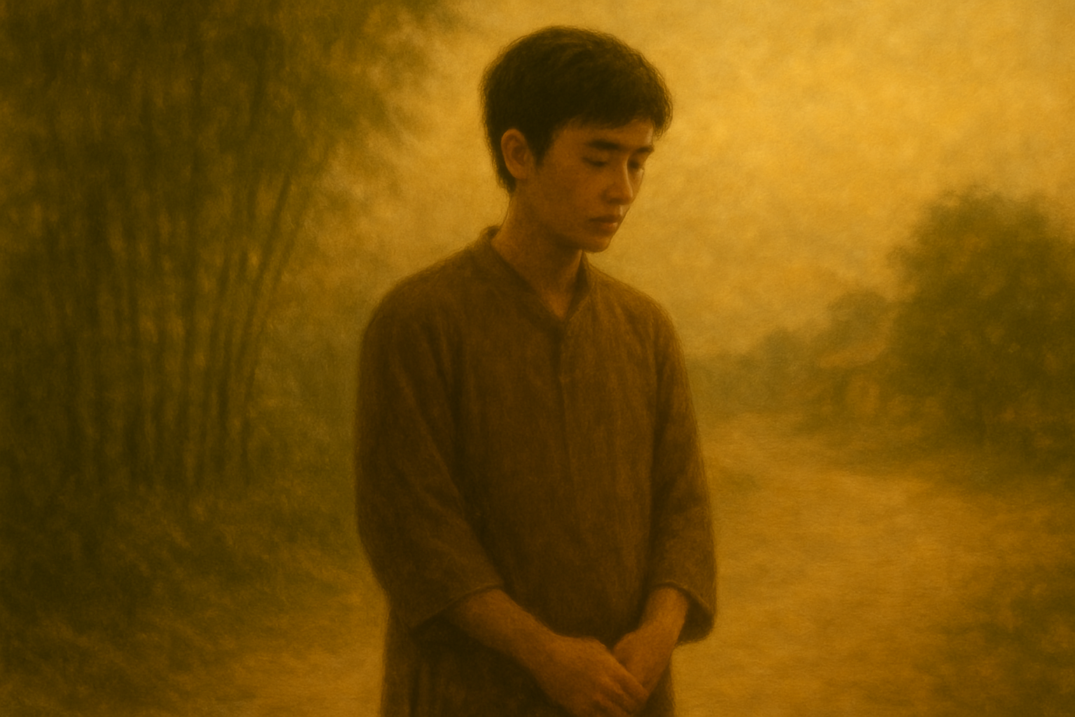 Người trẻ Việt Nam đứng lặng bên đường quê trong ánh sáng hoàng hôn, đôi tay chắp nhẹ, gợi lên khí chất của Việt Đạo – đạo sống sâu không lời.