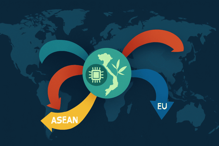 Infographic vị trí dual-hub của Việt Nam trước trật tự thế giới mới với 5 trục quyền lực toàn cầu năm 2025