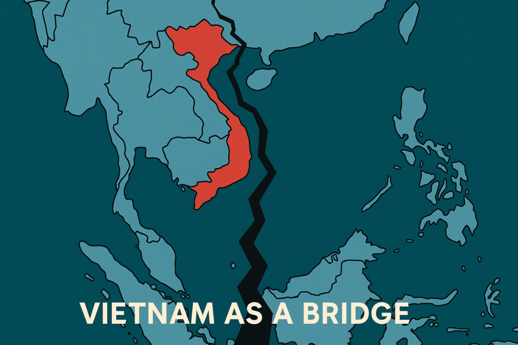 Bản đồ Việt Nam đóng vai trò cầu nối giữa hai khối địa chính trị Đông Nam Á – biểu tượng cho vai trò trung gian kiến tạo trong khủng hoảng nội khối ASEAN.