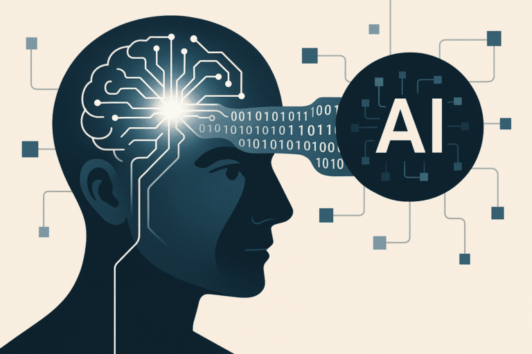 Ai và dữ liệu - Minh họa trí tuệ nhân tạo điều khiển tư duy con người bằng mạng dữ liệu, biểu tượng AI kết nối não bộ.