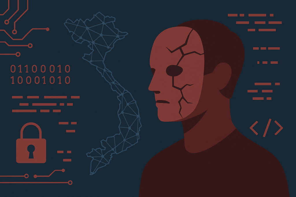 Hình minh họa một người đeo mặt nạ robot bị nứt, bên cạnh bản đồ Việt Nam bằng lưới dữ liệu và các biểu tượng mã hóa – tượng trưng cho cuộc chiến an ninh mạng trong kỷ nguyên số.