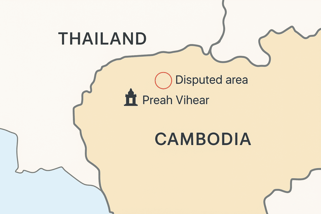 Bản đồ khu vực tranh chấp Preah Vihear giữa Thái Lan và Campuchia – minh họa cho khủng hoảng nội khối ASEAN.
