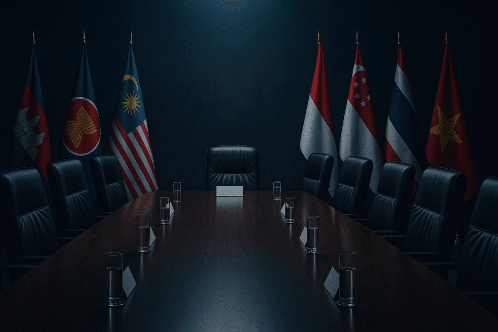 Phòng họp ASEAN với các ghế trống và ánh sáng lạnh – biểu tượng cho khủng hoảng nội khối ASEAN và bế tắc trong cơ chế đồng thuận.