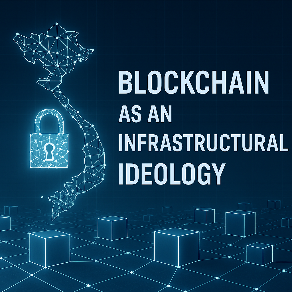 Minh hoạ hệ sinh thái blockchain kết nối với các hệ thống xã hội, tài chính, và quyền lực, biểu tượng cho một triết lý hạ tầng mở