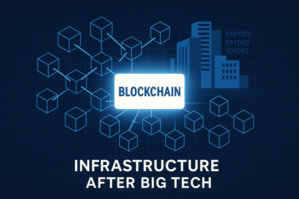 Một bàn tay khổng lồ tượng trưng cho Big Tech đang kiểm soát hạ tầng số, trong khi một mạng blockchain độc lập cố gắng thoát ra