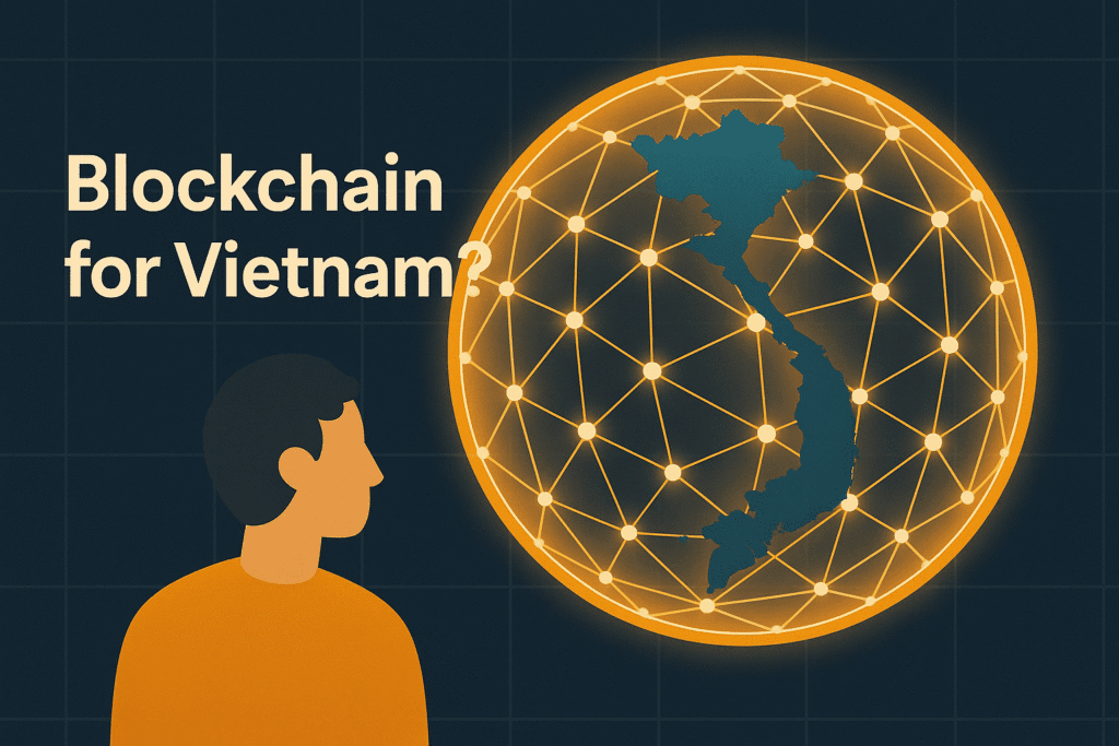 Hình ảnh bản đồ Việt Nam được lập trình bằng các khối blockchain, tượng trưng cho chiến lược số độc lập