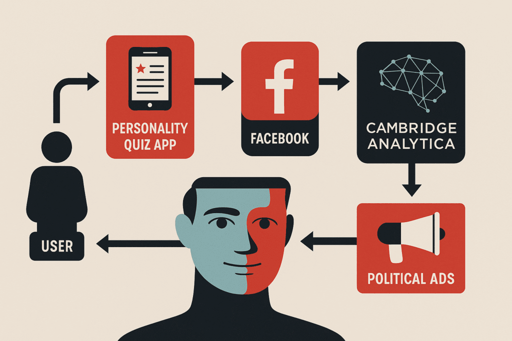Infographic quy trình Cambridge Analytica: từ ứng dụng trắc nghiệm thu thập dữ liệu Facebook đến quảng cáo chính trị nhắm mục tiêu.