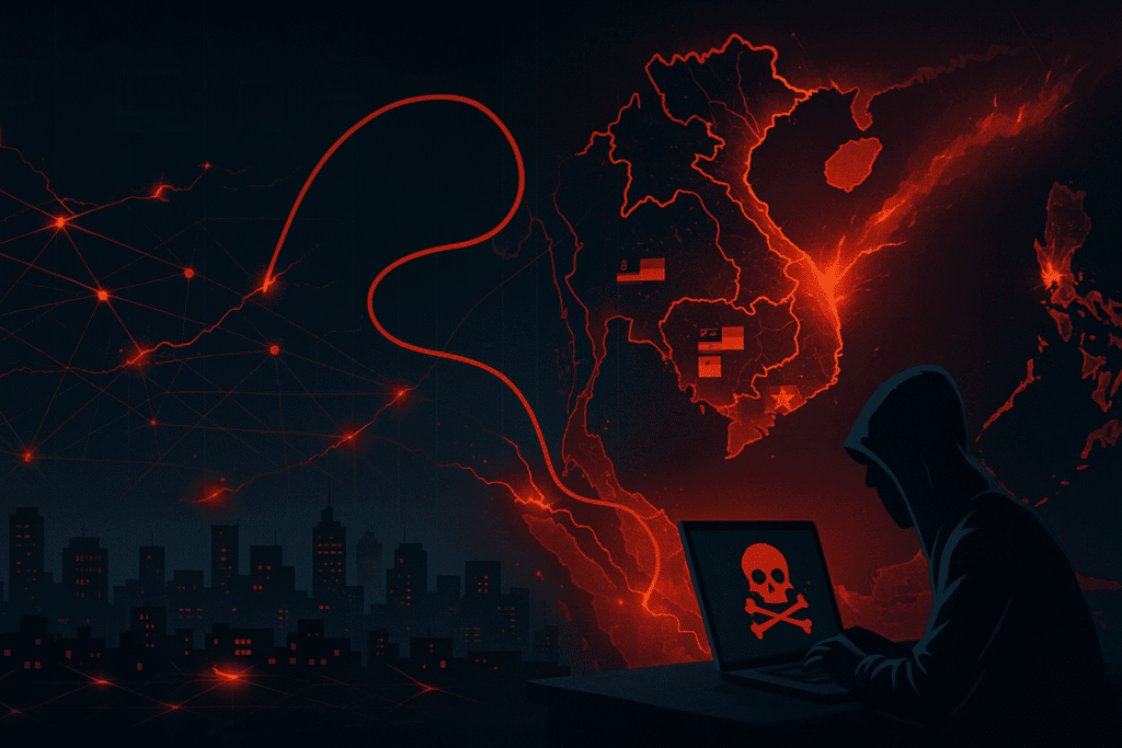 Hình minh họa một hacker đang điều khiển máy tính tấn công mạng lưới số khu vực Đông Nam Á, với dây kết nối đỏ và bản đồ các quốc gia hiện lên trong ánh sáng điện tử.