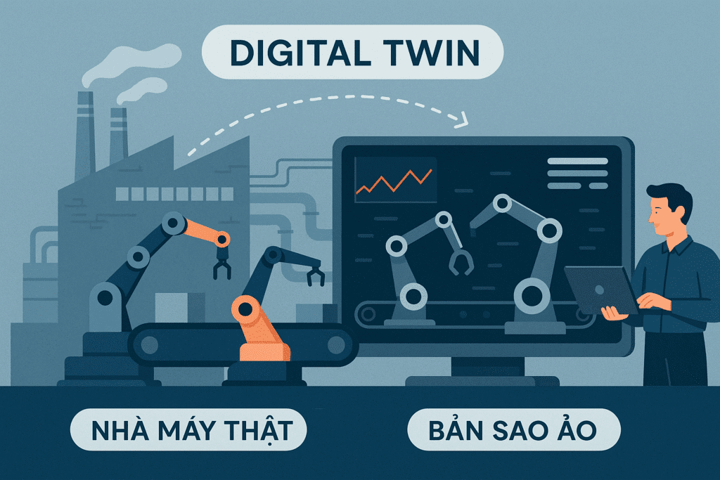 Minh họa Digital Twin trong sản xuất thông minh – nhà máy thật kết nối bản sao ảo, cho phép giám sát dữ liệu và điều chỉnh từ xa trong hệ thống tự động hóa và sản xuất.