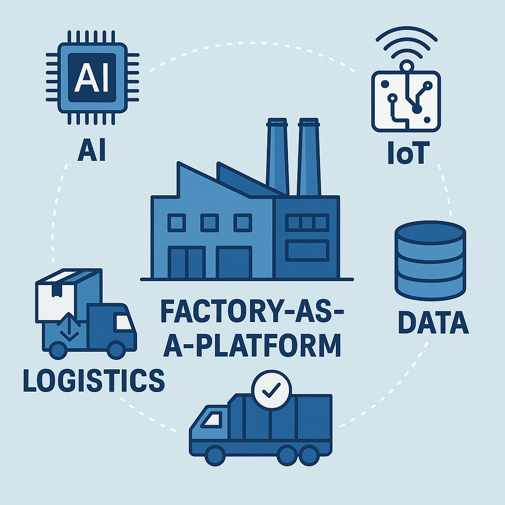 Mô hình Factory-as-a-Platform với nhà máy kết nối AI, IoT, dữ liệu và logistics – minh họa cách tự động hóa và sản xuất hiện đại hoạt động như một hệ sinh thái mở.