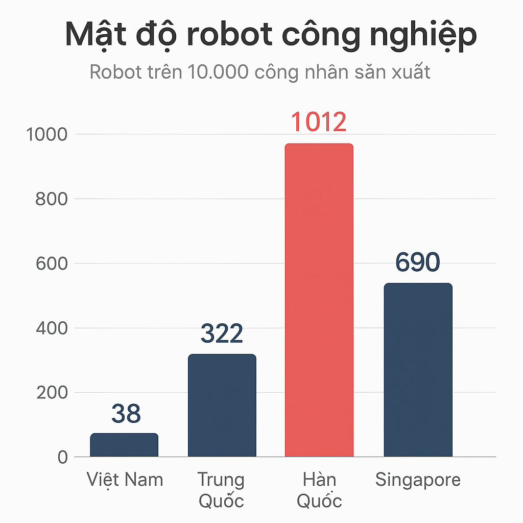Biểu đồ so sánh mật độ robot công nghiệp tại Việt Nam, Trung Quốc, Hàn Quốc và Singapore – phản ánh sự chênh lệch lớn trong tự động hóa và sản xuất.