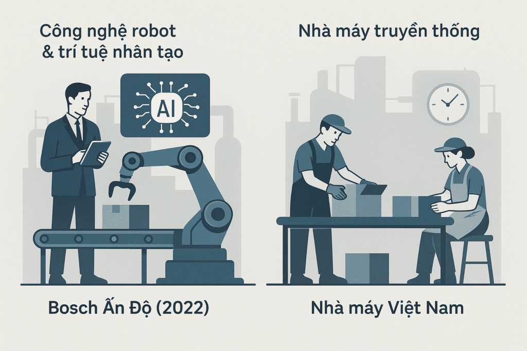 So sánh nhà máy Bosch Ấn Độ sử dụng robot và trí tuệ nhân tạo với nhà máy Việt Nam truyền thống dựa trên lao động thủ công – phản ánh cách mạng tự động hóa và sản xuất.
