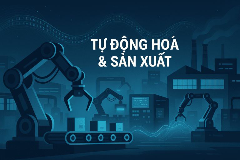 Nhà máy thông minh ban đêm với robot công nghiệp và luồng dữ liệu – biểu tượng chuyển đổi trong tự động hóa và sản xuất.
