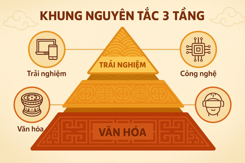 Infographic khung nguyên tắc 3 tầng gồm Văn hóa, Công nghệ, và Trải nghiệm trong thiết kế và trải nghiệm số mang bản sắc Việt.