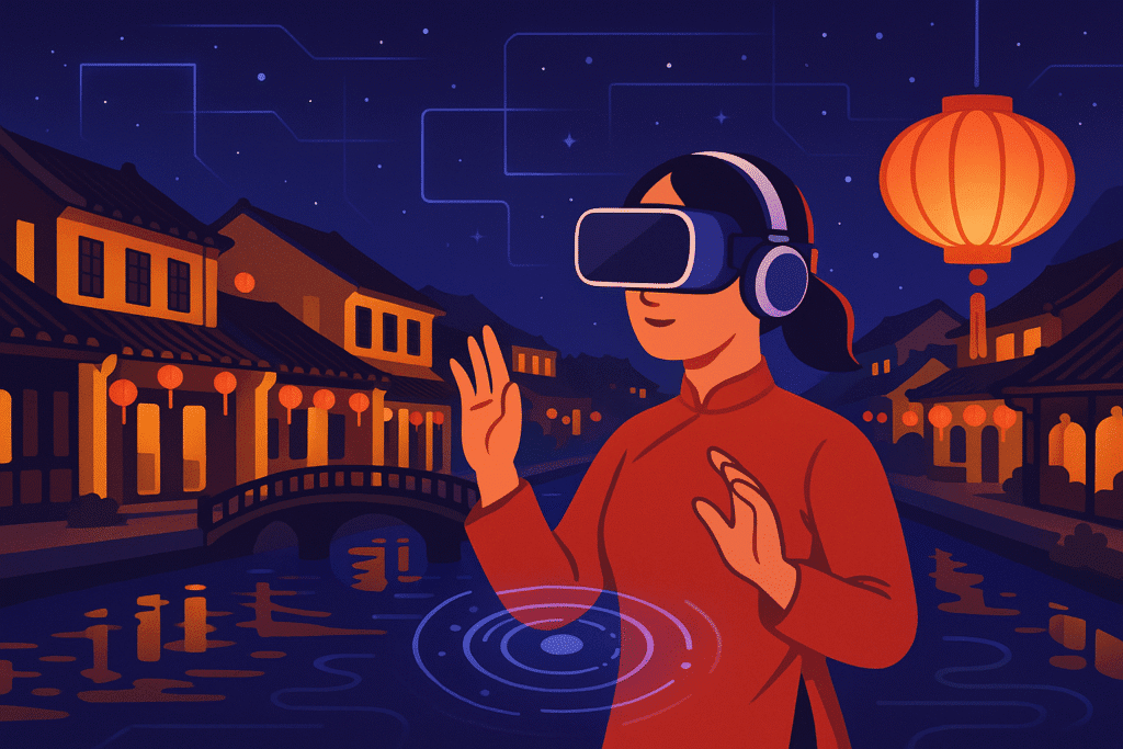 Người dùng đeo kính VR trải nghiệm metaverse tái hiện phố cổ Hội An với kiến trúc truyền thống và đèn lồng, kết hợp công nghệ tương tác người–máy.
